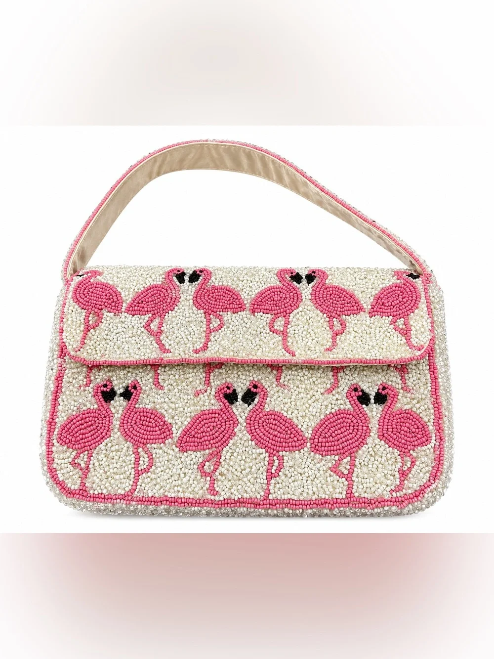 Pink Flamingo Beaded Top-Handle Bag White Sequins Viral Novelty India New - Picture 1 of 8